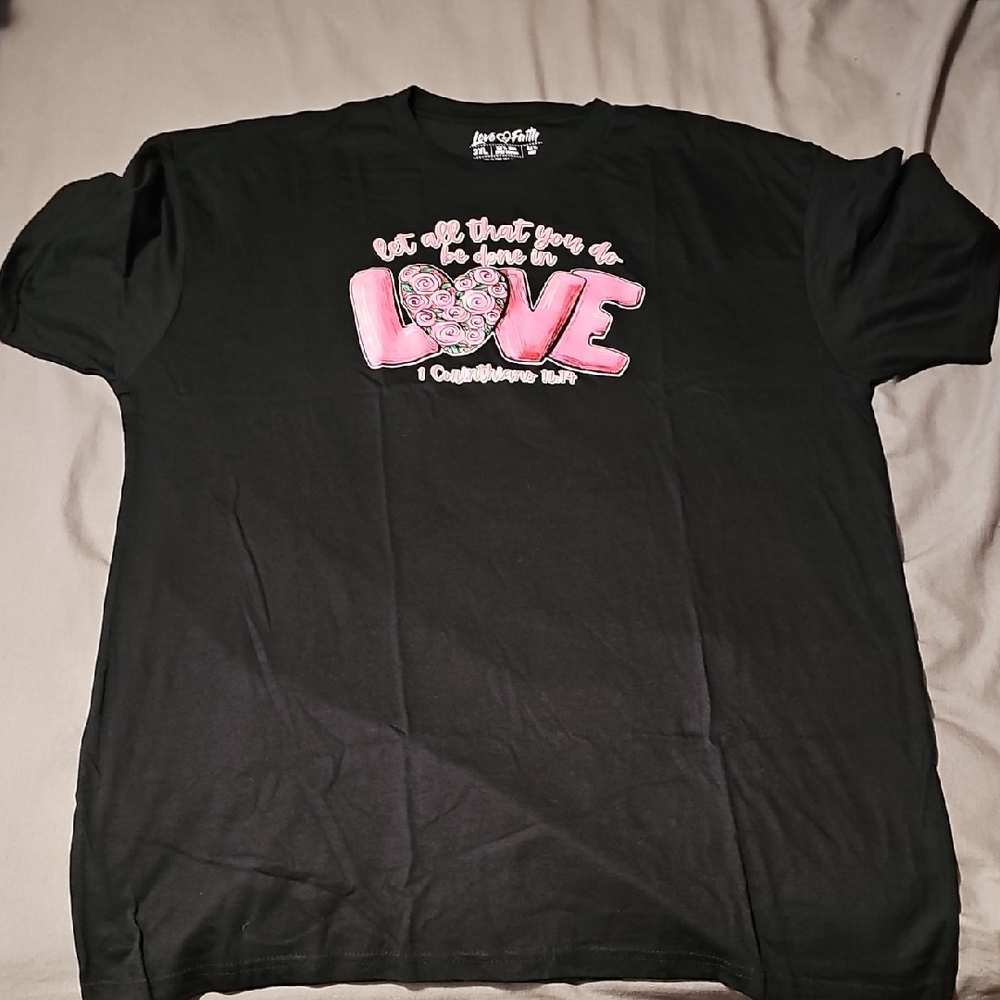 Bible Verse Black Tank Top with Pink Love Graphic